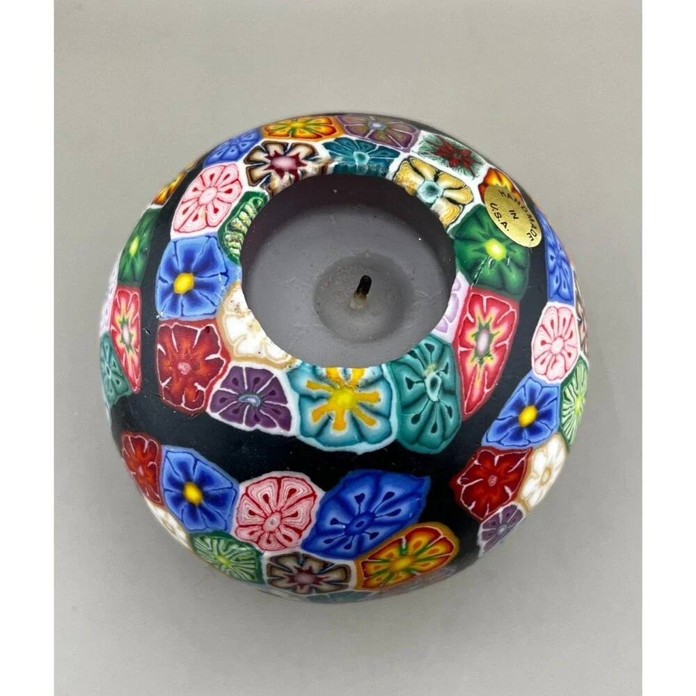 Stone Candles Millefiori Flowers Bee Pattern Candle Handmade USA Vtg Colorful